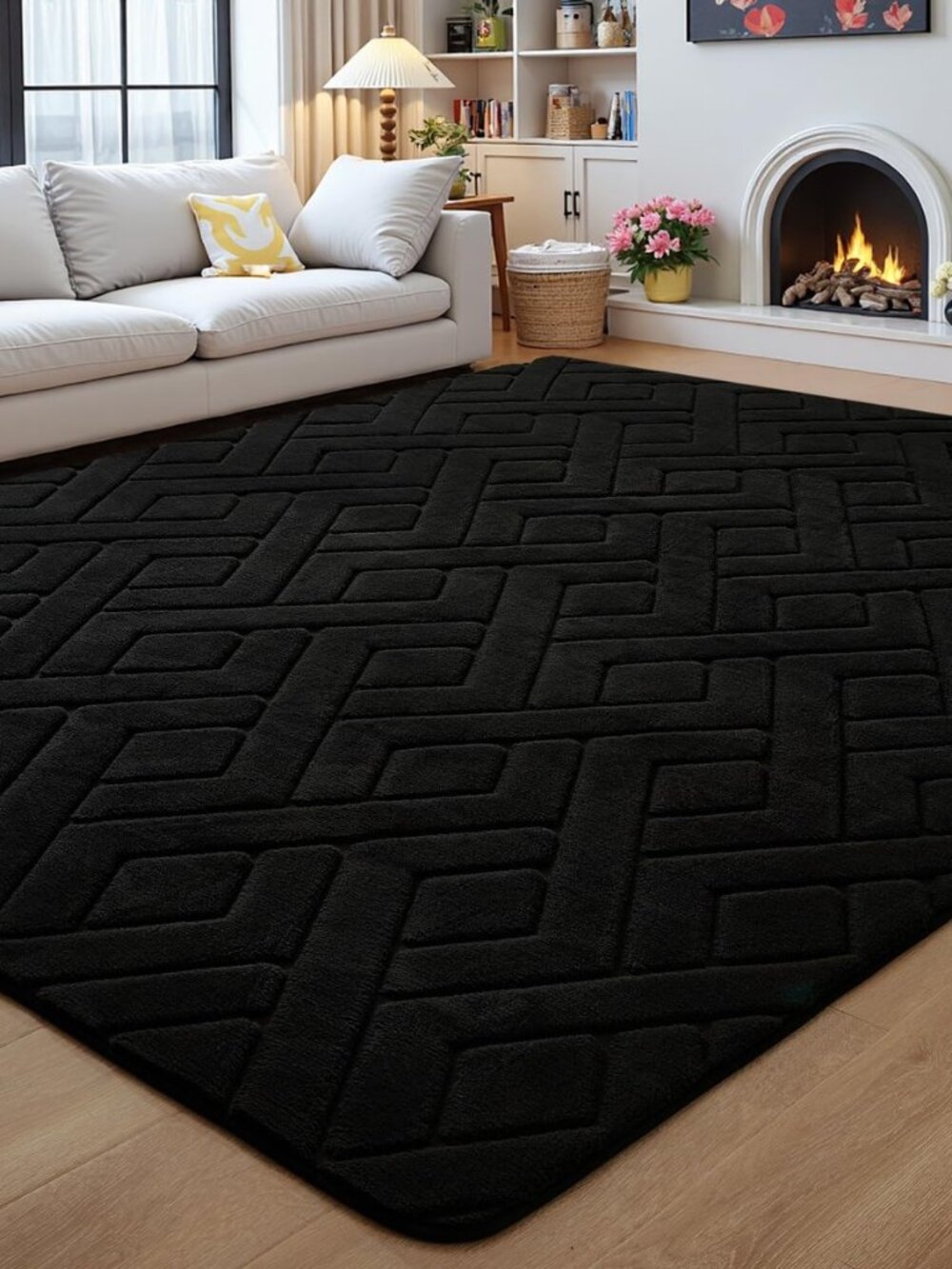 Black Fluffy Area Rug for Bedroom, 4x6 Geometric Shag Rugs